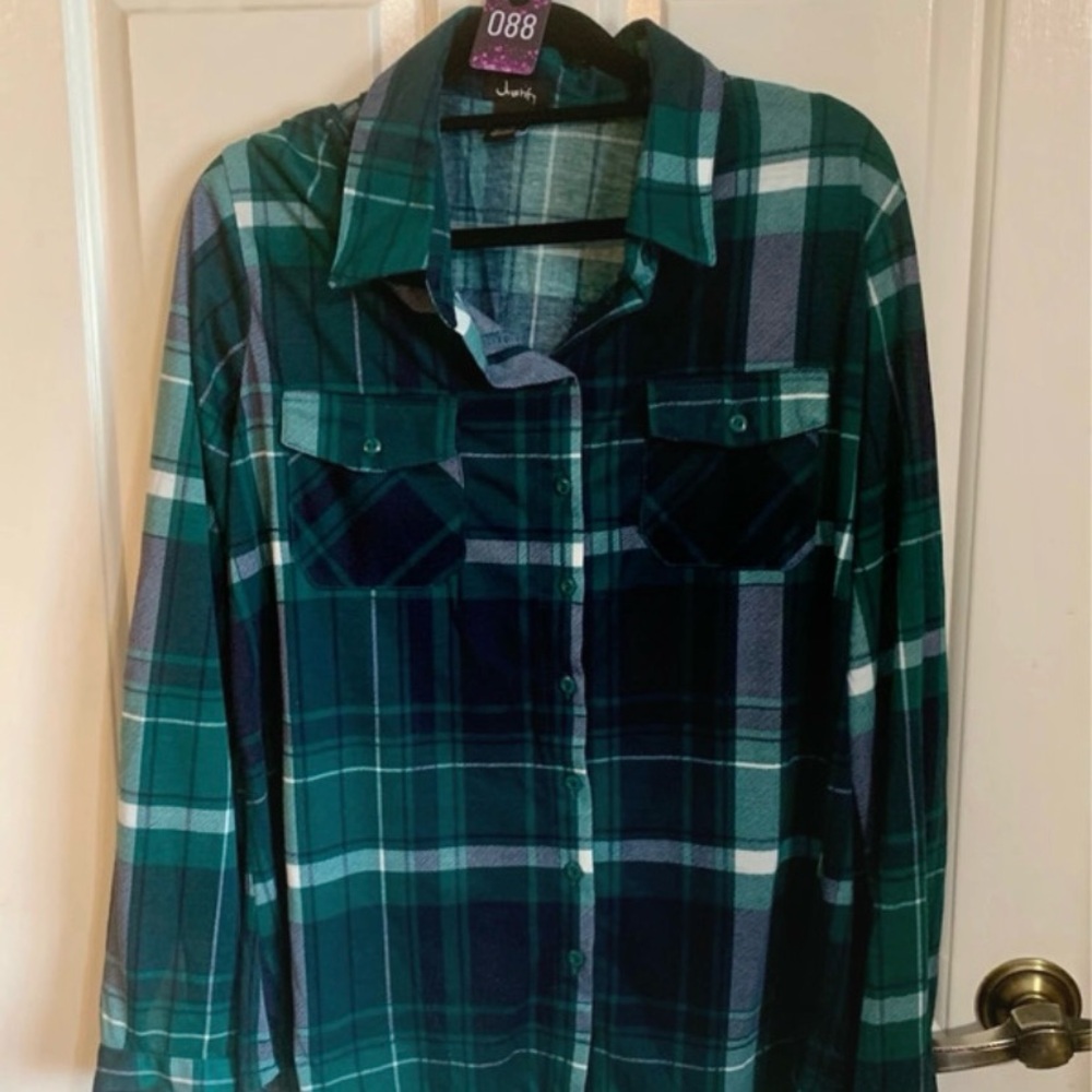 Justify Teal and Dark Green Plaid Button-Front Top